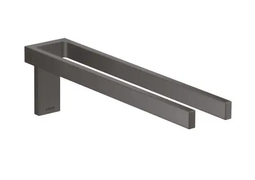 Zweiarmiger Handtuchhalter in brushed black chrome von AXOR, mit rechteckiger Form und minimalistischem Design, an einer Wand montiert.